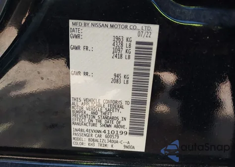 2022 Nissan Altima Sl Fwd из США, поврежденный, VIN 1N4BL4EVXNN410199